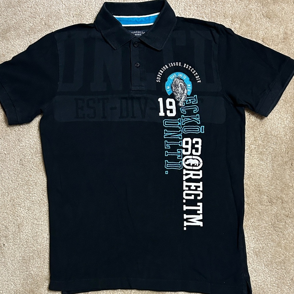 Ecko Unlimited Black Polo with Vertical Logo and Blue Accent